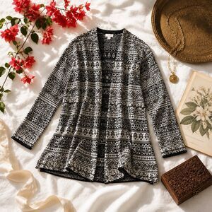 J Jill Open Front Cardigan Black White Fair Isle Cotton Sweater Boho Large L